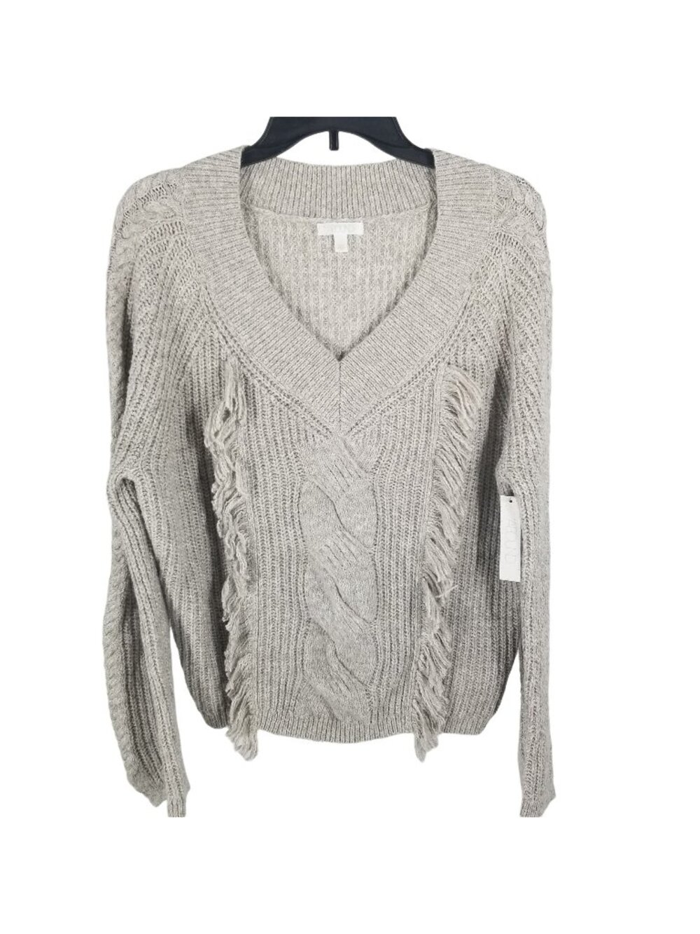 Nordstrom Abound Gray Knit Fringe Braid Design V Neck Cozy Sweater Womens S